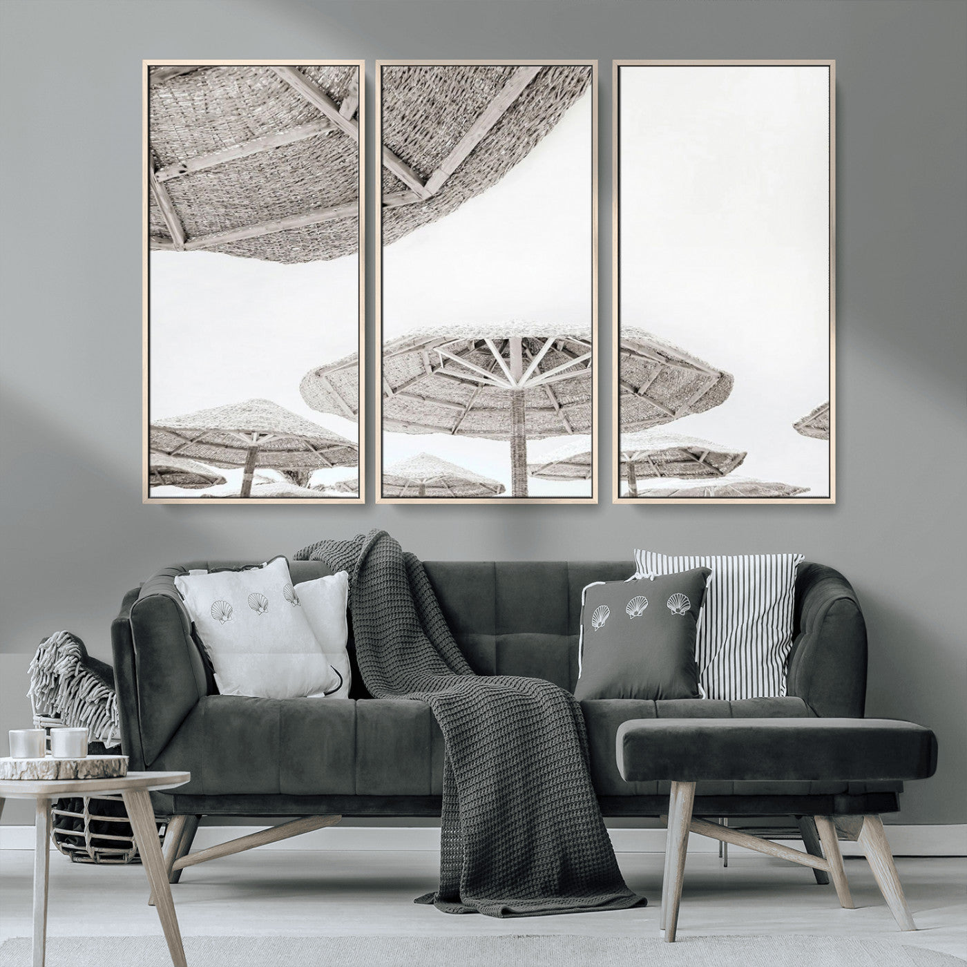 97043123-MGV-CV-36X24-Beach Umbrella Wall Art – Minimalist Coastal Canvas Print, Woven Parasol Summer Decor for Bedroom, Living Room, or Modern Beach