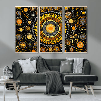 45478523-MGV-CV-36X24-Abstract Circle Wall Art – Bold Black and Gold Dot Painting Canvas Print, Modern Geometric Mandala Style Decor for Living Room or