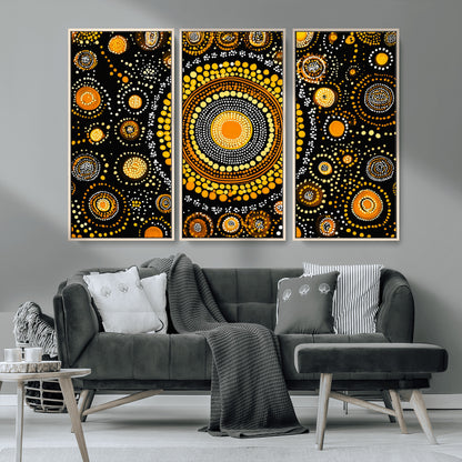 45478523-MGV-CV-36X24-Abstract Circle Wall Art – Bold Black and Gold Dot Painting Canvas Print, Modern Geometric Mandala Style Decor for Living Room or