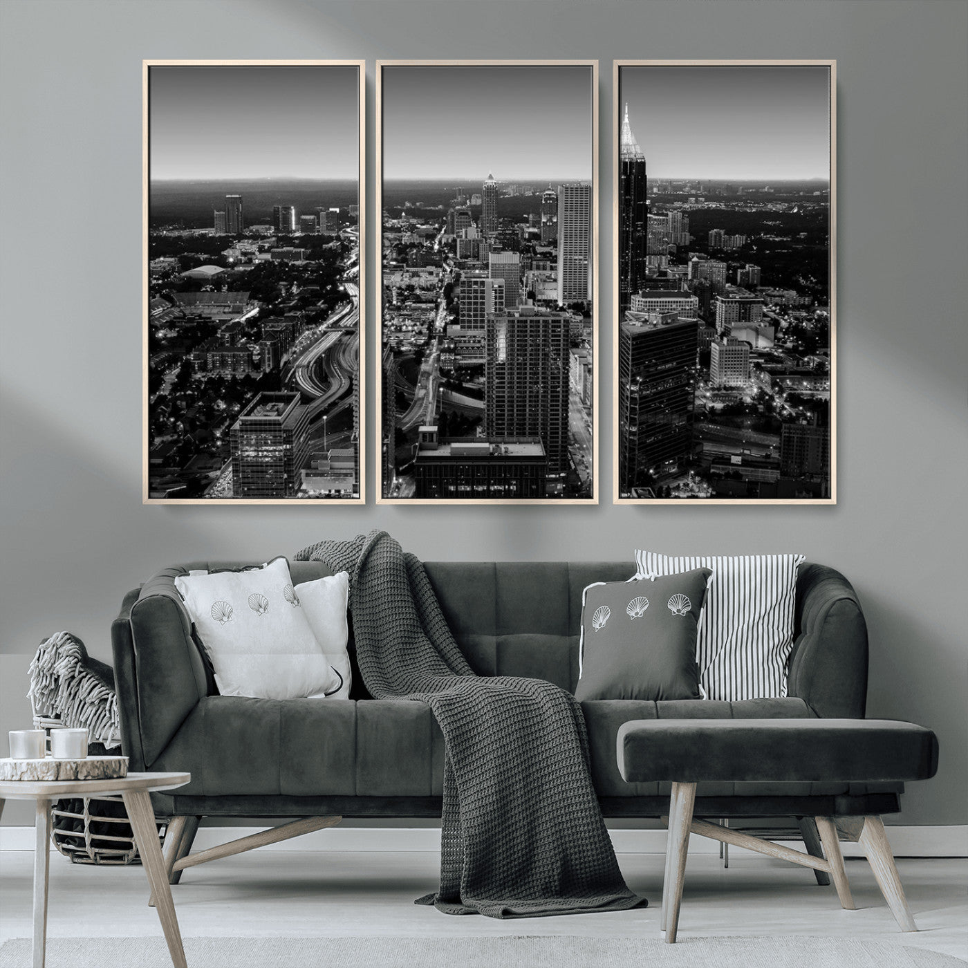 46578567-MGV-CV-36X24-Atlanta Skyline Wall Art – Black and White Cityscape Canvas Print, Modern Urban Night Decor for Office, Living Room, or Apartment