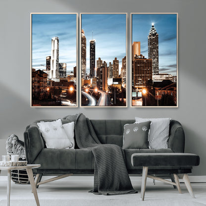 23859158-MGV-CV-36X24-Atlanta Skyline Wall Art – Modern Cityscape Canvas Print with Night Lights and Traffic Trails, Urban Decor for Office, Apartment,