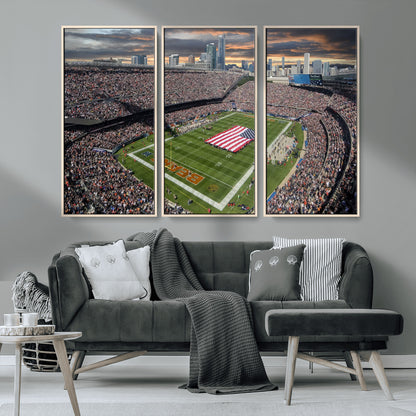 98106777-MGV-CV-36X24-Soldier Field Wall Art – Chicago Bears Stadium Canvas Print with American Flag, Game Day Football Decor for Man Cave, Bar, or