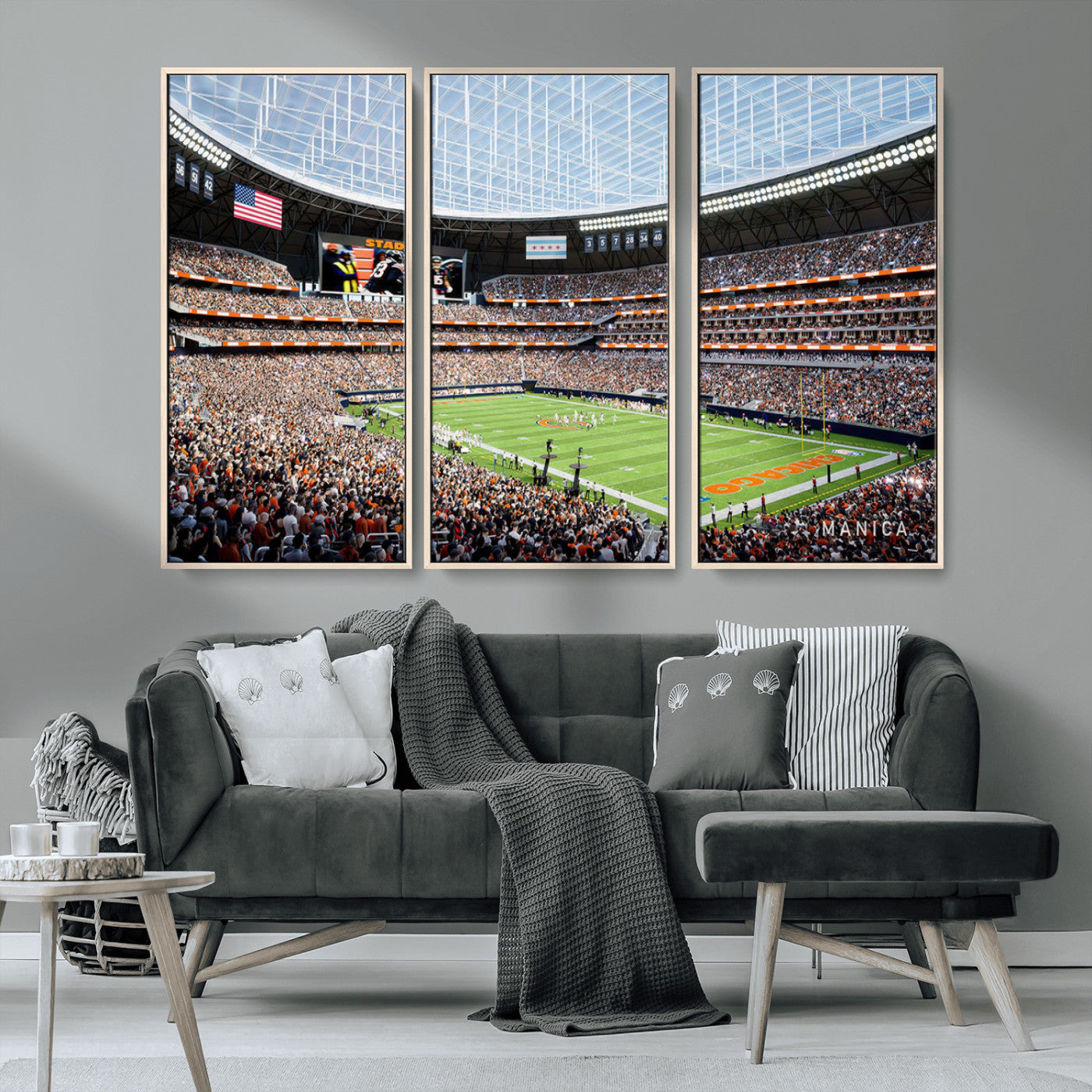 32530647-MGV-CV-36X24-Chicago Bears Stadium Wall Art – Futuristic Dome Arena Canvas Print, Modern Football Concept Design Decor for Man Cave, Bar, or