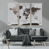 43749658-MGV-CV-36X24-Welcome to Great Adventure World Map Wall Art – Charcoal Gray Canvas Print, Rustic Travel Decor for Living Room, Study, Office or