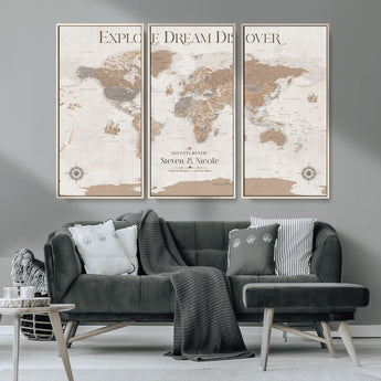 63516865-MGV-CV-36X24-Explore Dream Discover World Map Wall Art – Inspirational Travel Adventure Canvas Print, Neutral Parchment Style Explorer Decor