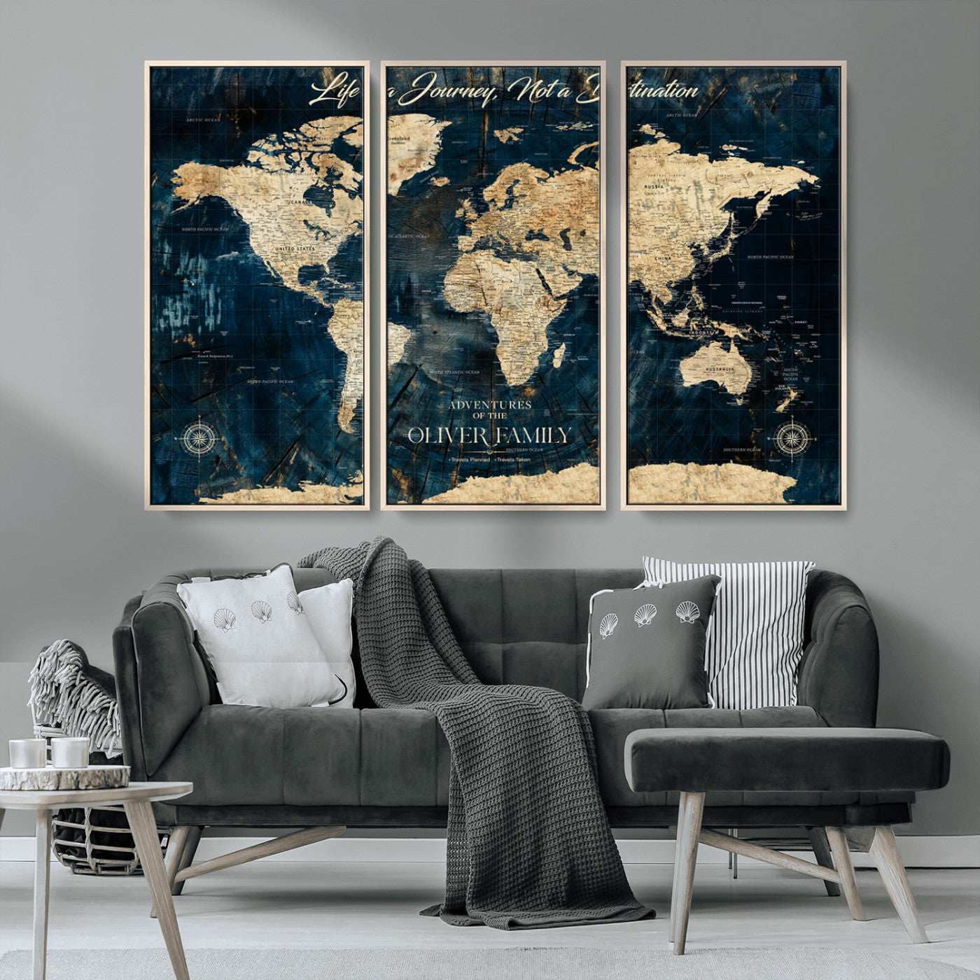 36970886-MGV-FC-48X32-3P_Natural-Life is a Journey Not a Destination World Map Rustic Navy Beige Vintage Travel Wall Art Adventure Quote Canvas Print for Home