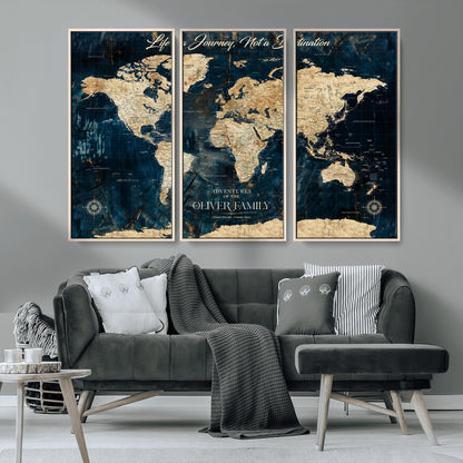 36970886-MGV-FC-48X32-3P_Natural-Life is a Journey Not a Destination World Map Rustic Navy Beige Vintage Travel Wall Art Adventure Quote Canvas Print for Home