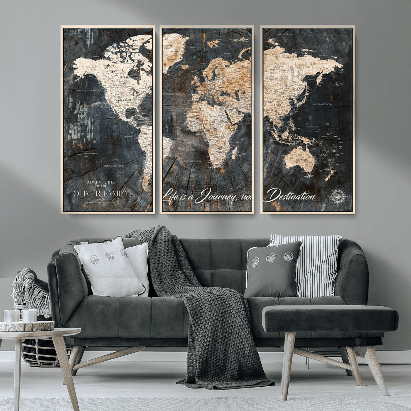 37848568-MGV-CV-36X24-Life is a Journey Not a Destination World Map Rustic Wood Texture Vintage Beige Navy Adventure Wall Art Canvas Print for Home