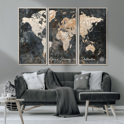 37848568-MGV-CV-36X24-Life is a Journey Not a Destination World Map Rustic Wood Texture Vintage Beige Navy Adventure Wall Art Canvas Print for Home