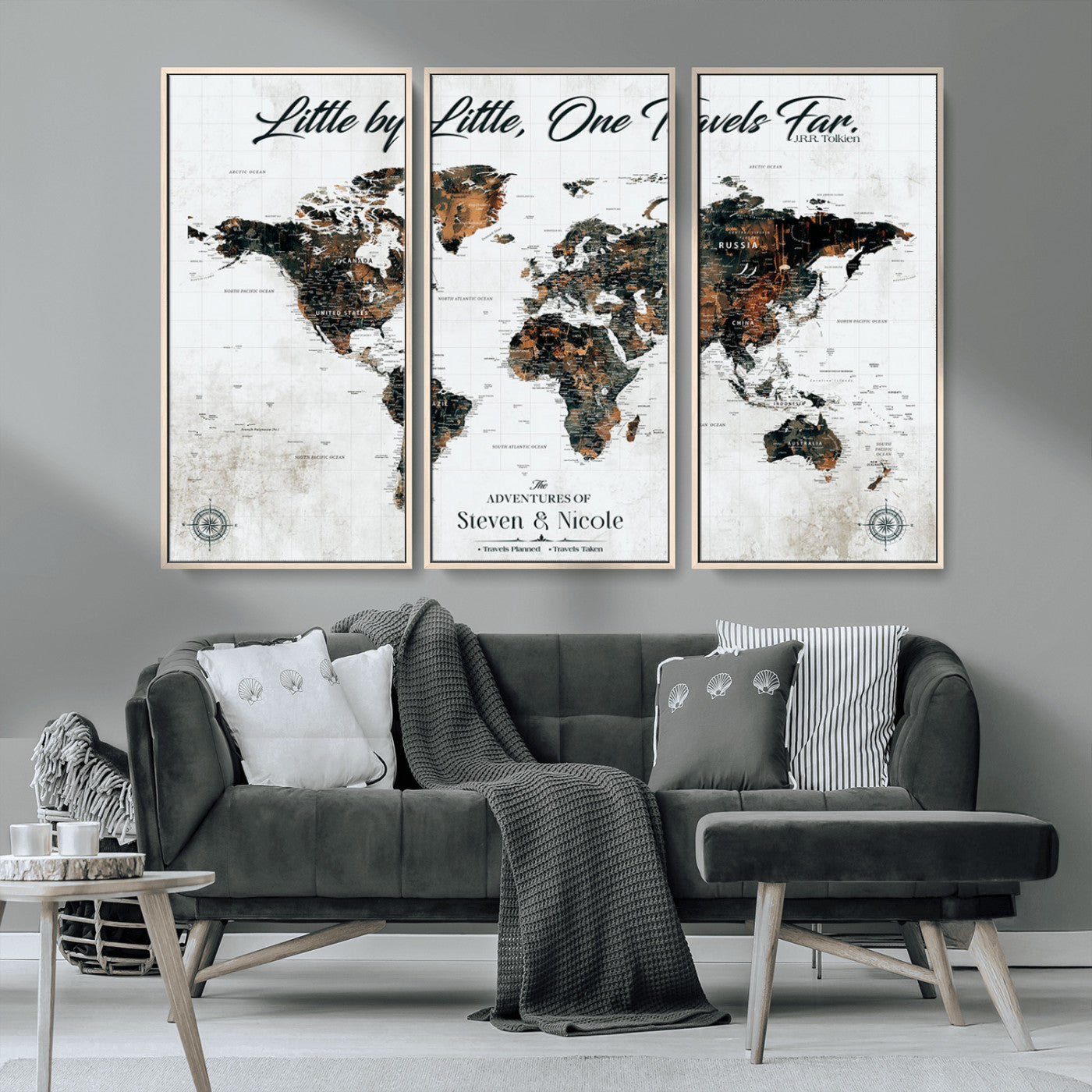 88337180-MGV-CV-36X24-Little by Little One Travels Far Tolkien Quote World Map Rustic Black Brown Adventure Wall Art Canvas Print for Home Office Living