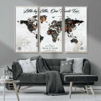 88337180-MGV-CV-36X24-Little by Little One Travels Far Tolkien Quote World Map Rustic Black Brown Adventure Wall Art Canvas Print for Home Office Living