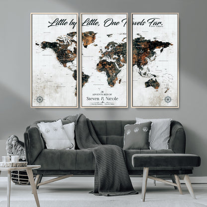88337180-MGV-CV-36X24-Little by Little One Travels Far Tolkien Quote World Map Rustic Black Brown Adventure Wall Art Canvas Print for Home Office Living
