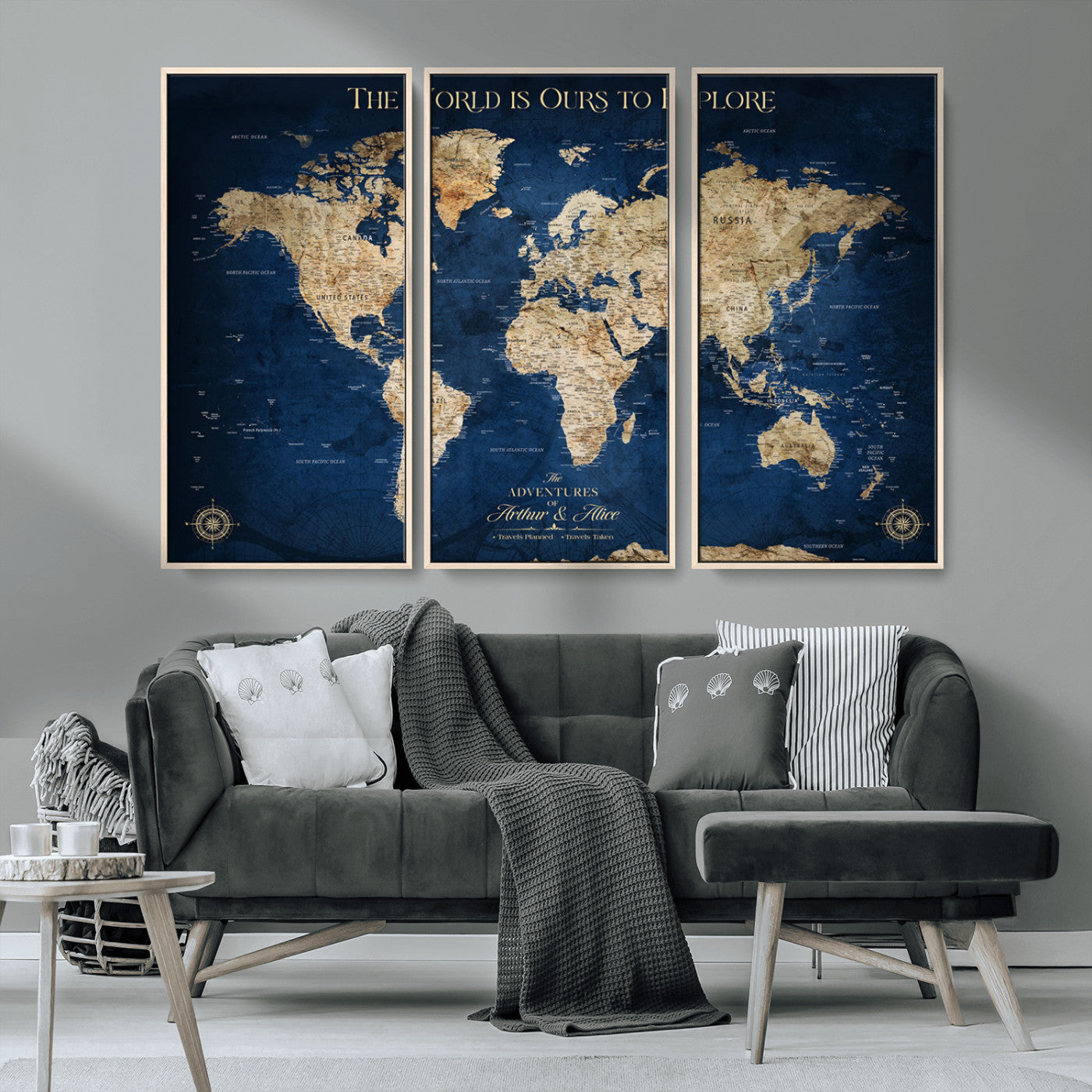 54782997-MGV-CV-36X24-The World is Ours to Explore Wall Art – Blue World Map Canvas Print, Adventure Travel Decor for Home, Office or Living Room,