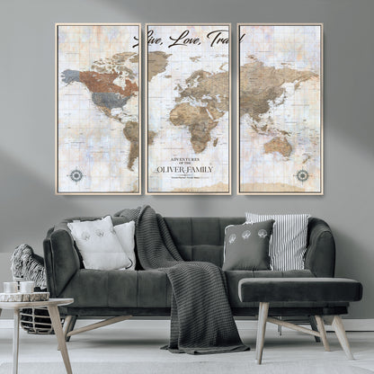 43924907-MGV-CV-36X24-Live Love Travel Wall Art – Neutral World Map Canvas Print, Rustic Adventure Decor for Home, Office or Living Room, Unique Gift