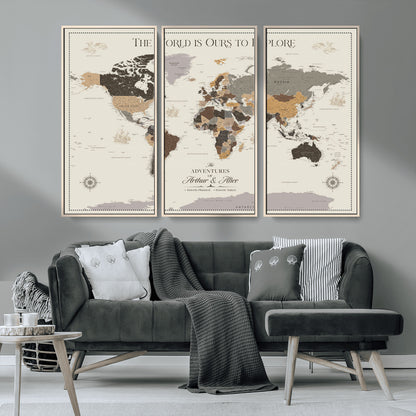 90024882-MGV-CV-36X24-The World is Ours to Explore Wall Art – Earth Tone World Map Canvas Print, Adventure Travel Decor for Living Room, Office or