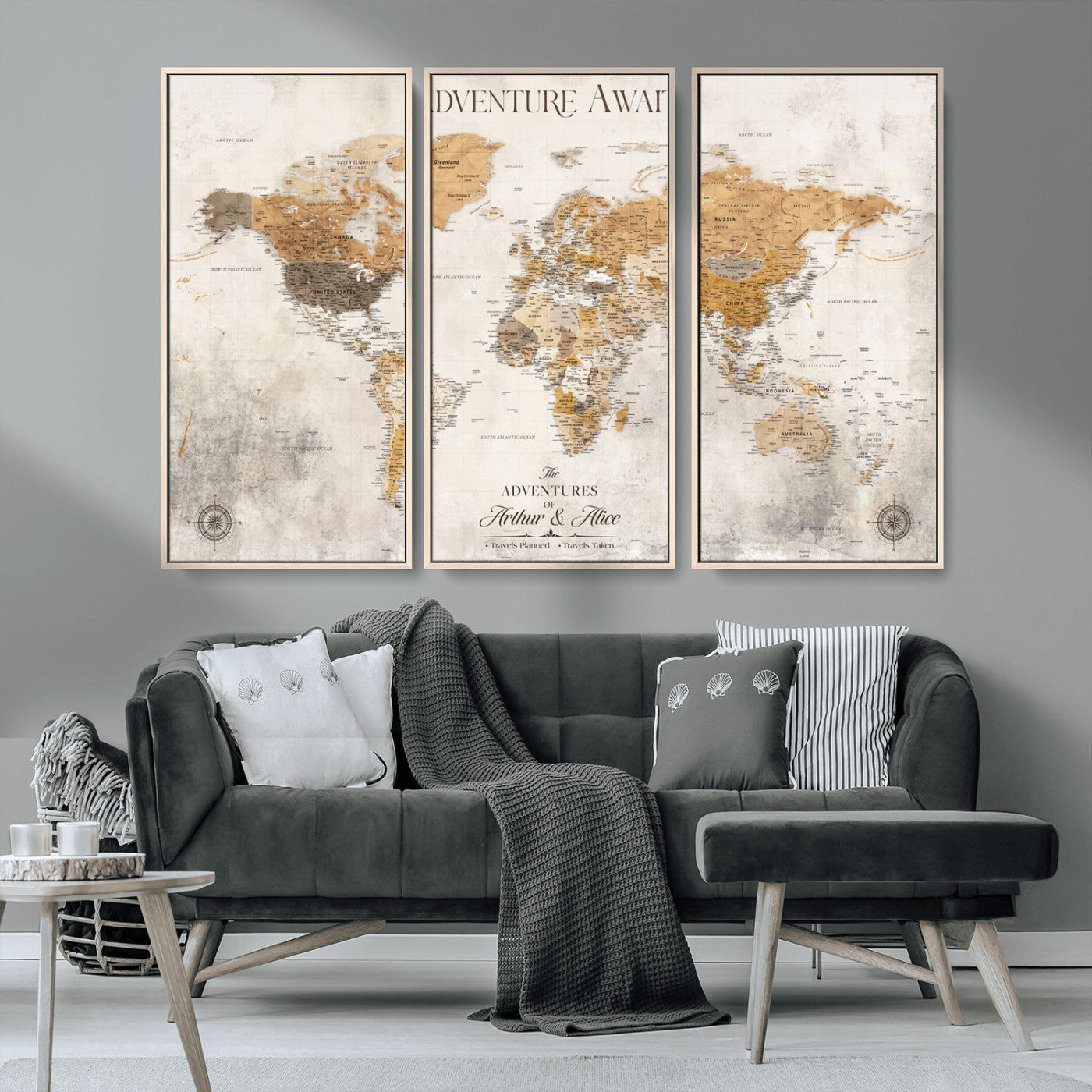 99422096-MGV-CV-36X24-Adventure Awaits World Map Wall Art – Neutral Beige Canvas Print, Modern Travel Inspired Wall Decor for Living Room, Bedroom or