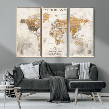 99422096-MGV-CV-36X24-Adventure Awaits World Map Wall Art – Neutral Beige Canvas Print, Modern Travel Inspired Wall Decor for Living Room, Bedroom or