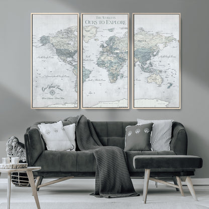 94249974-MGV-CV-36X24-Ours Explore World Map Wall Art – Modern Travel Canvas Print, Neutral Adventure Decor for Living Room, Office, Study, Bedroom,