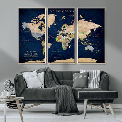 43160428-MGV-CV-36X24-Adventure Awaits Navy Blue World Map – Vibrant Travel Canvas Wall Art, Antique Atlas Print, Wanderlust Decor for Home Office