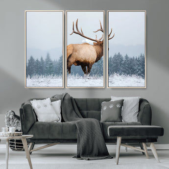 85177251-MGV-CV-36X24-Elk Wall Art – Majestic Wildlife Canvas Print of Bull Elk Snowy Forest, Rustic Nature Decor for Living Room, Cabin, or Office