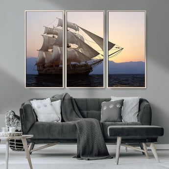 31270610-MGV-CV-36X24-Sailing Ship Wall Art – Sunset Seascape Canvas Print with Tall Ship at Sea, Nautical Ocean Decor for Living Room, Office, or