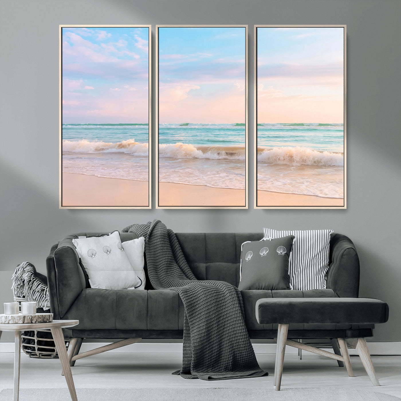 88024944-MGV-CV-36X24-Beach Landscape Wall Art – Coastal Ocean Canvas Print with Gentle Waves and Pastel Sky, Serene Seascape Photography for Living