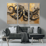 57944271-MGV-CV-36X24-Octopus Wall Art – Black and Gold Nautical Canvas Print, Modern Ocean Inspired Artwork with Elegant Detailing, Coastal Marine