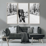38956835-MGV-FC-48X32-3P_Natural-Moose Wall Art – Black and White Wildlife Canvas Print with Snowy Forest Road, Rustic Nature Photography for Cabin, Lodge, Living