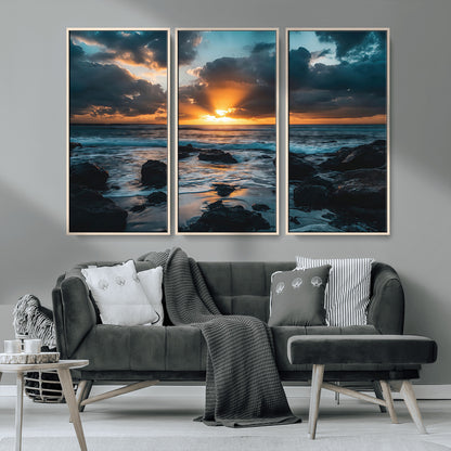 66040852-MGV-CV-36X24-Ocean Sunset Canvas Wall Art – Rocky Shore Waves, Dramatic Clouds, Golden Sun Rays, Coastal Nature, Serene Water Reflection for