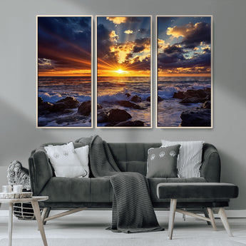 35900590-MGV-CV-36X24-Sunset Ocean Waves Canvas Wall Art – Rocky Shore, Dramatic Sky, Golden Sun Rays, Coastal Beauty, Serene Water Motion for Living
