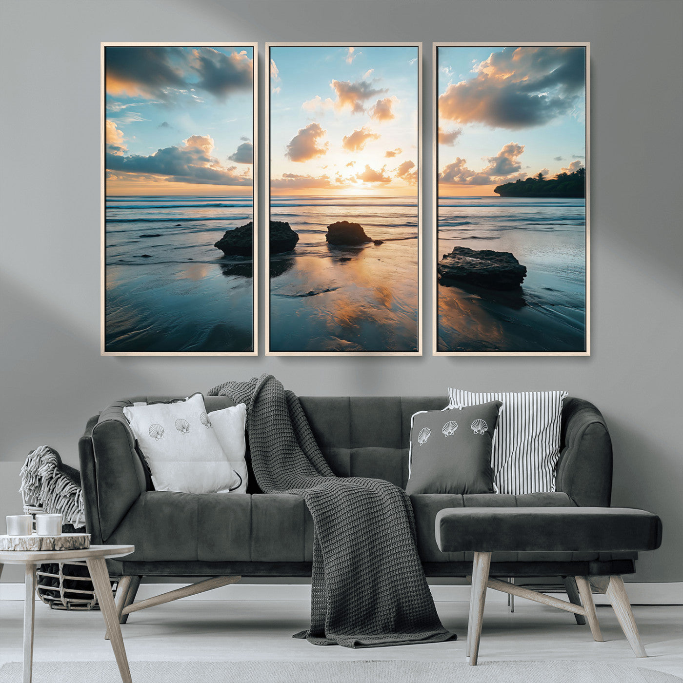 23879436-MGV-CV-36X24-Ocean Sunset Wall Art – Serene Seascape Canvas Print with Golden Sky, Reflections on Sand and Calm Waves, Peaceful Coastal