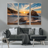 85659923-MGV-CV-36X24-Ocean Sunset Wall Art – Dramatic Seascape Canvas Print with Cliffs, Crashing Waves and Golden Sky, Bold Coastal Photography for