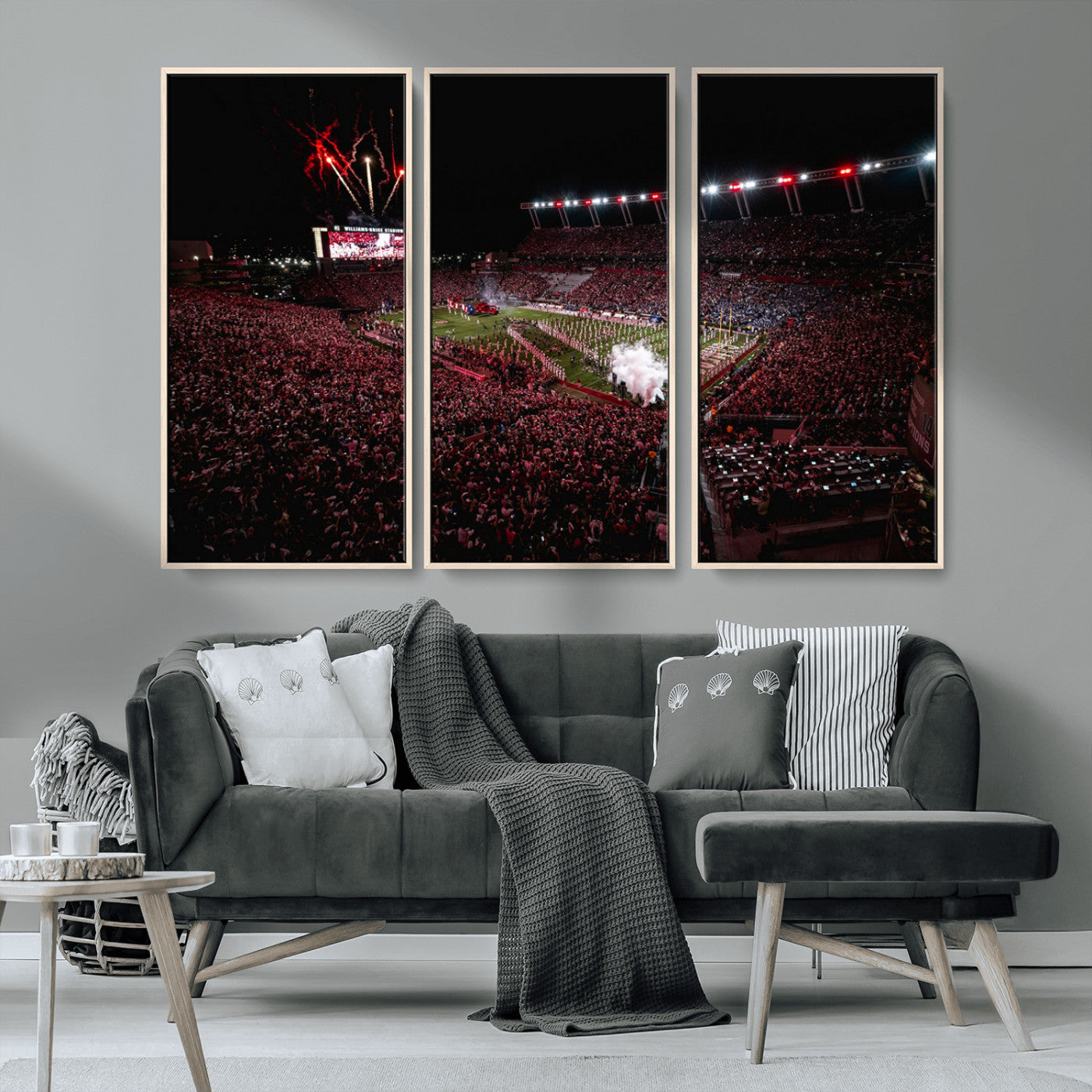 60690191-MGV-CV-36X24-Stadium Wall Art – Night Game Football Canvas Print with Fireworks, Marching Band and Crowd, Panoramic Sports Photography for Man