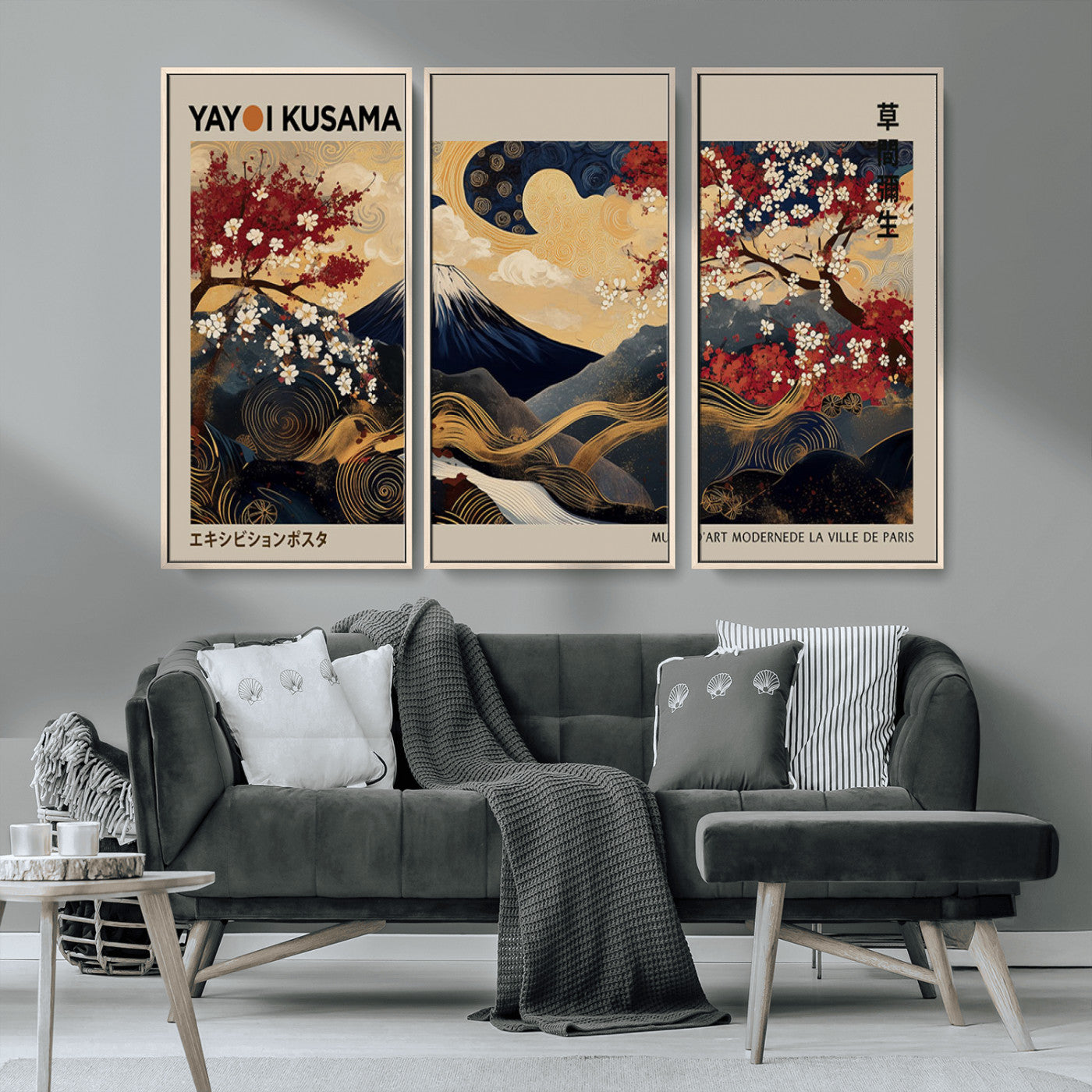 66892669-MGV-CV-36X24-Japanese Landscape Wall Art – Mount Fuji Canvas Print with Cherry Blossoms and Golden Waves, Traditional Asian Inspired Artwork