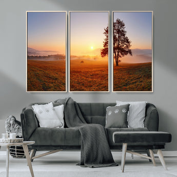 57919623-MGV-CV-36X24-Sunrise Landscape Wall Art – Golden Morning Canvas Print with Tree, Misty Hills and Open Field, Peaceful Nature Photography for