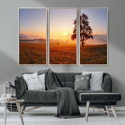 57919623-MGV-CV-36X24-Sunrise Landscape Wall Art – Golden Morning Canvas Print with Tree, Misty Hills and Open Field, Peaceful Nature Photography for