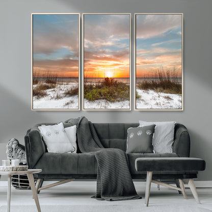 58266230-MGV-CV-36X24-Beach Sunset Wall Art – Coastal Canvas Print with Sandy Dunes, Sea Grass and Golden Sky, Serene Ocean Landscape Photography for