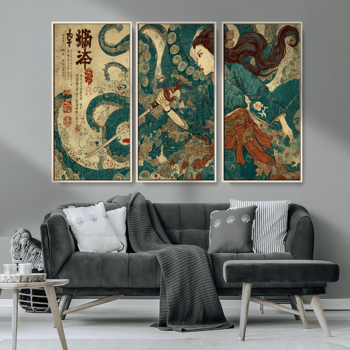 46837670-MGV-CV-36X24-Tsukioka Yoshitoshi Samurai Wall Art Print, Japanese Katana Warrior Canvas Wall Art, Octopus Sea Monster Canvas Print,