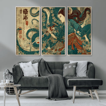 46837670-MGV-CV-36X24-Tsukioka Yoshitoshi Samurai Wall Art Print, Japanese Katana Warrior Canvas Wall Art, Octopus Sea Monster Canvas Print,
