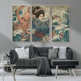 52037775-MGV-CV-36X24-Tsukioka Yoshitoshi Samurai Wall Art Print, Japanese Katana Warrior Canvas Wall Art, Octopus Sea Monster Canvas Print,