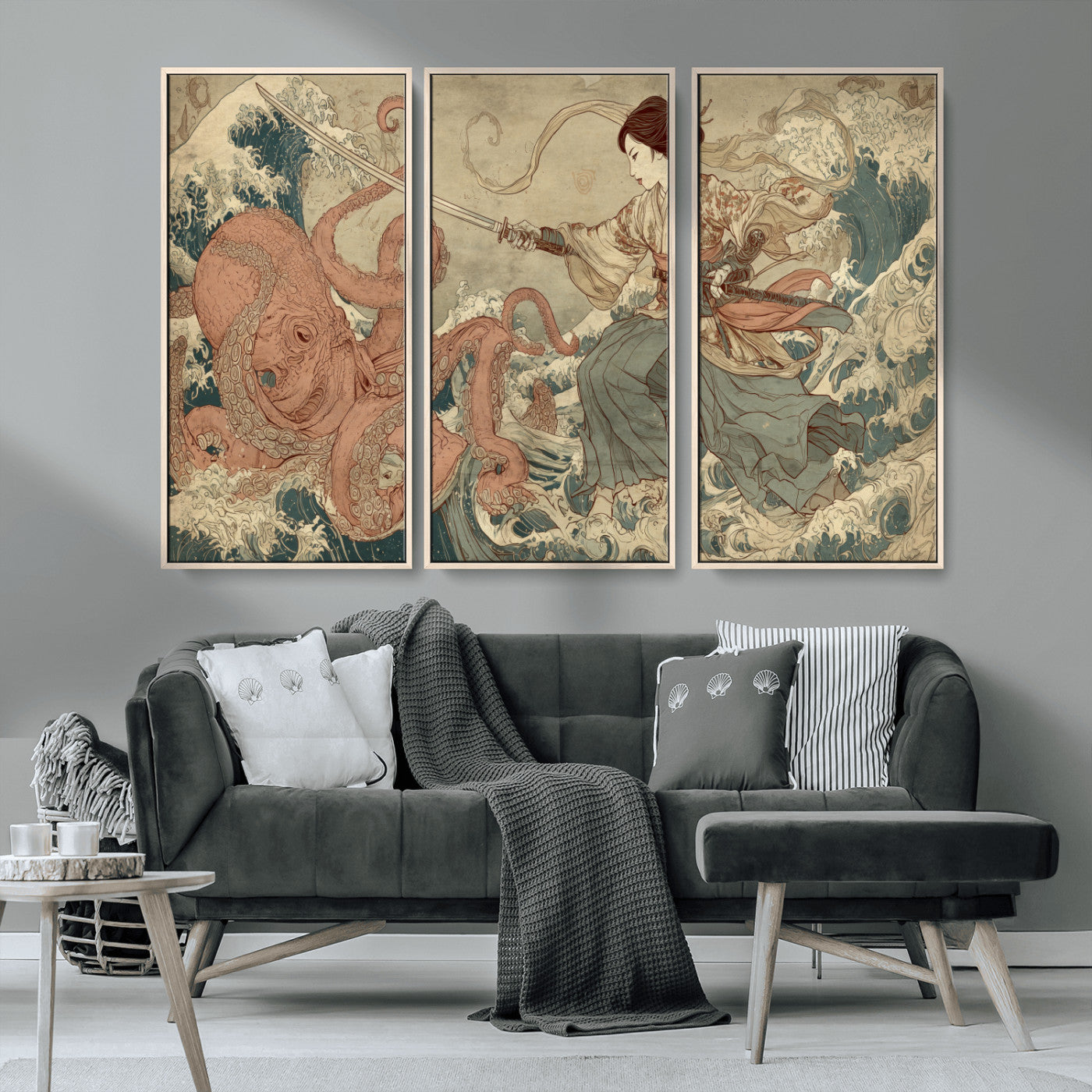 54879547-MGV-CV-36X24-Samurai Woman Wall Art – Japanese Ukiyo-e Style Canvas Print with Katana and Octopus, Traditional Asian Inspired Battle Artwork