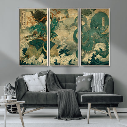 24416422-MGV-CV-36X24-Samurai vs Octopus Wall Art – Japanese Warrior Ocean Battle Canvas Print, Ukiyo e Inspired Decor for Home, Office, or Man Cave