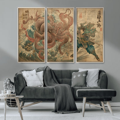 63782167-MGV-CV-36X24-Tsukioka Yoshitoshi Samurai Wall Art Print, Japanese Katana Warrior Canvas Wall Art, Octopus Sea Monster Canvas Print,