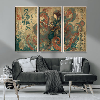 98593115-MGV-CV-36X24-Tsukioka Yoshitoshi Samurai Wall Art Print, Japanese Katana Warrior Canvas Wall Art, Octopus Sea Monster Canvas Print,