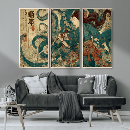 18575670-MGV-CV-36X24-Samurai Woman vs Octopus Wall Art – Japanese Ukiyo-e Ocean Battle Canvas Print, Traditional Warrior Artwork for Living Room,