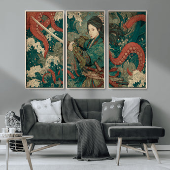 35461724-MGV-CV-36X24-Samurai Woman vs Octopus Wall Art – Japanese Ukiyo-e Ocean Waves Canvas Print, Red Tentacle Battle Artwork for Living Room,