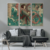 91666601-MGV-CV-36X24-Samurai Woman vs Octopus Wall Art – Japanese Ukiyo-e Green Robe Canvas Print, Ocean Battle Artwork for Living Room, Office, Man