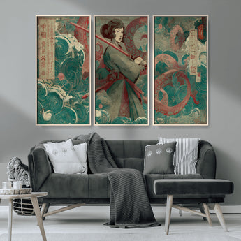 91666601-MGV-CV-36X24-Samurai Woman vs Octopus Wall Art – Japanese Ukiyo-e Green Robe Canvas Print, Ocean Battle Artwork for Living Room, Office, Man