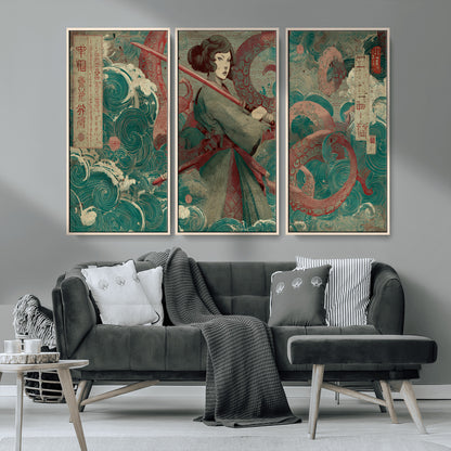 91666601-MGV-CV-36X24-Samurai Woman vs Octopus Wall Art – Japanese Ukiyo-e Green Robe Canvas Print, Ocean Battle Artwork for Living Room, Office, Man