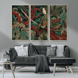 18902796-MGV-CV-36X24-Samurai Woman vs Octopus Wall Art – Japanese Ukiyo-e Green Kimono Canvas Print, Ocean Battle Scene Artwork for Living Room,